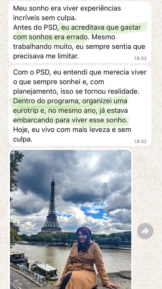 Print do depoimento da Carol com foto dela em Paris sobre planejar a eurotrip sem culpa
