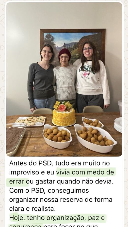 Print do depoimento da Duda com foto em família sobre organização, paz e segurança depois do PSD