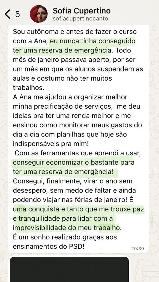 Print do depoimento da Sofia sobre construir a reserva de emergência e ganhar tranquilidade com a imprevisibilidade do trabalho